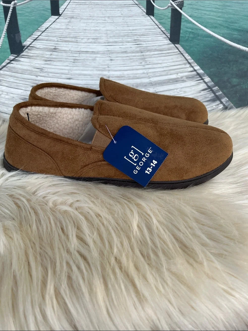 George Men's Tan Brown Suede-Look Fleece Lined Slip-On Slippers